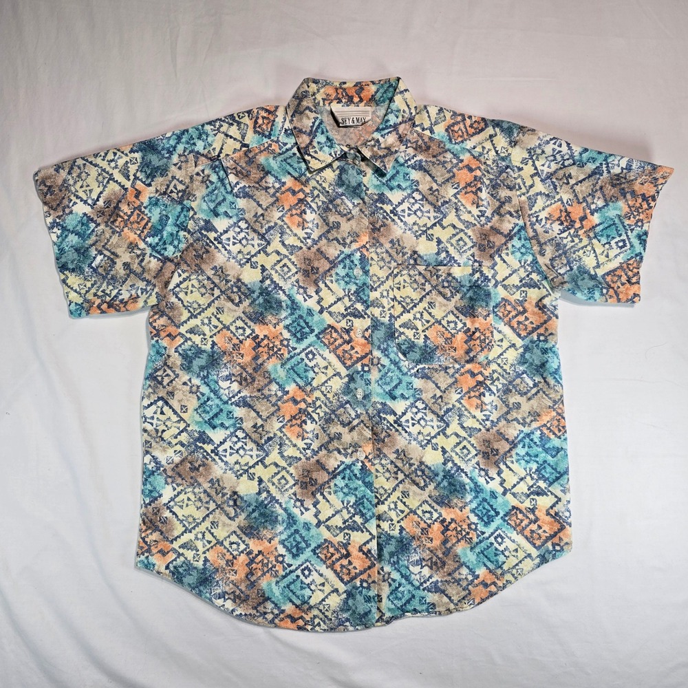 Casey & Max Women Abstract Geometric Print Cotton Short Sleeve Button Down Shirt